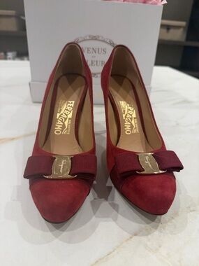 Salvatore Ferragamo Burgundy Suede Vara Bow Pumps